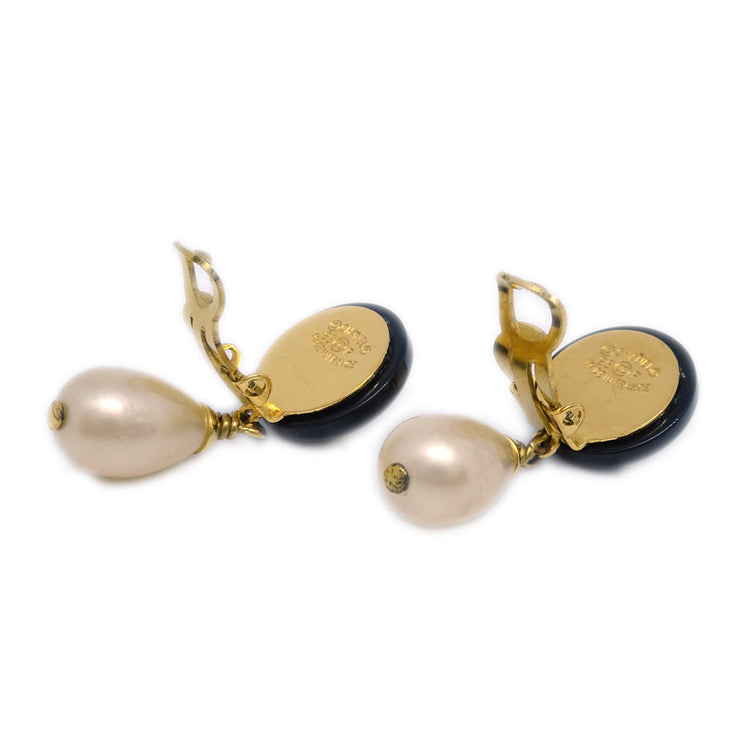 Chanel Artificial Pearl Dangle Earrings Clip-On Black 95P