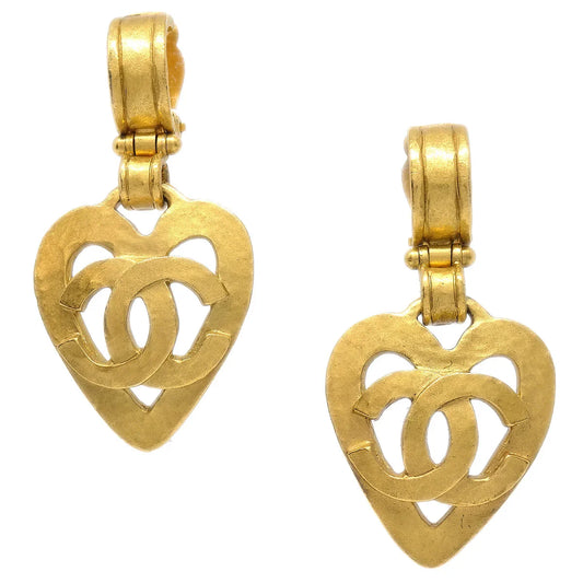 Chanel Dangle Heart Earrings Gold Clip-On 95P