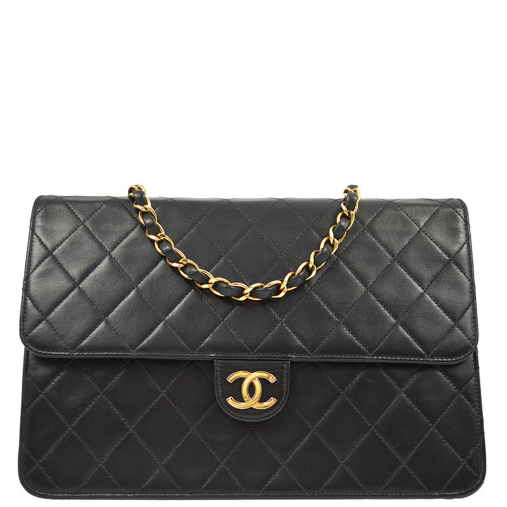 Chanel 1997-1999 Black Lambskin Pushlock Medium Half Flap Shoulder Bag