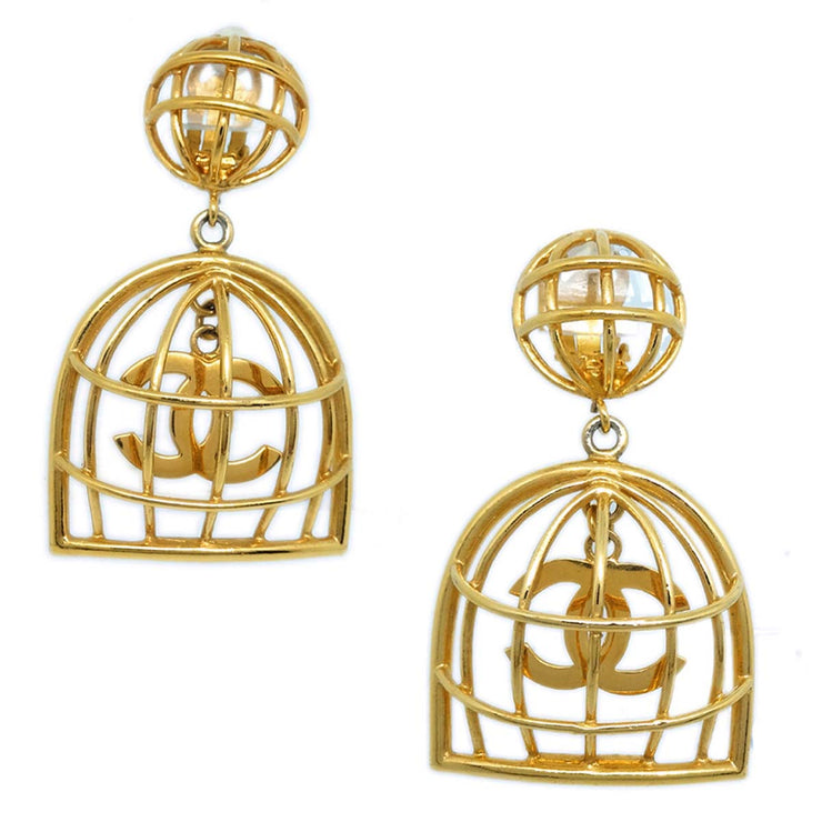 Chanel Birdcage Dangle Earrings Clip-On Gold