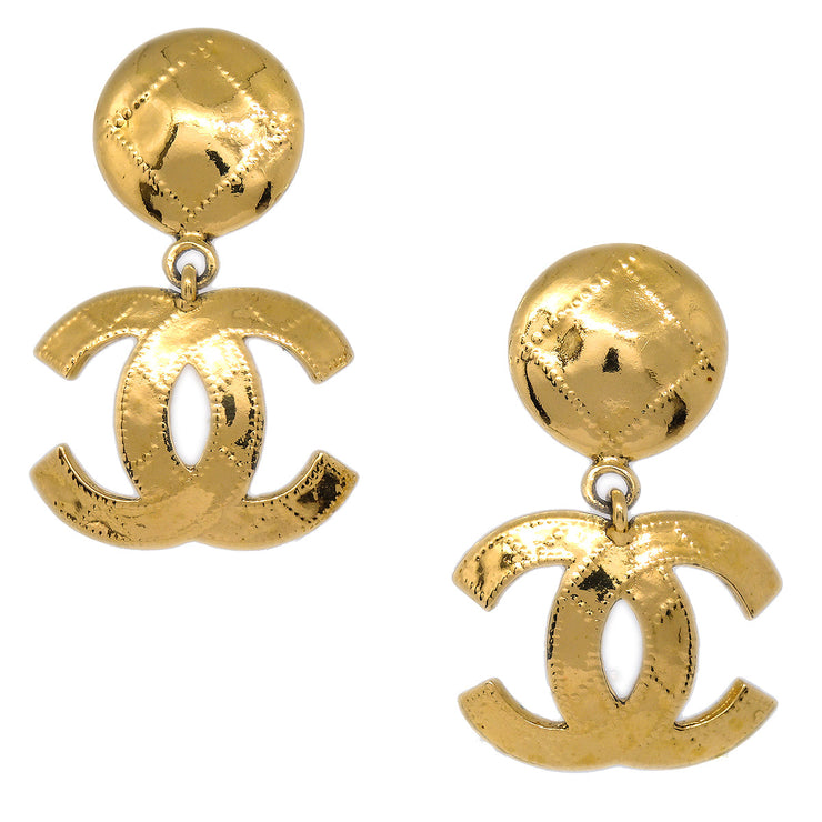 Chanel 1994 Quilted CC Dangle Earrings Clip-On Gold Small