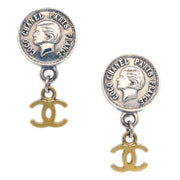 Chanel Medallion Dangle Earrings Gold Silver Clip-On 96P