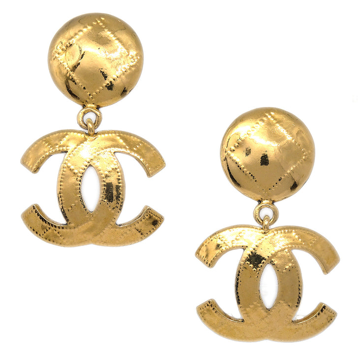 Chanel 1994 Quilted CC Dangle Earrings Clip-On Gold Small