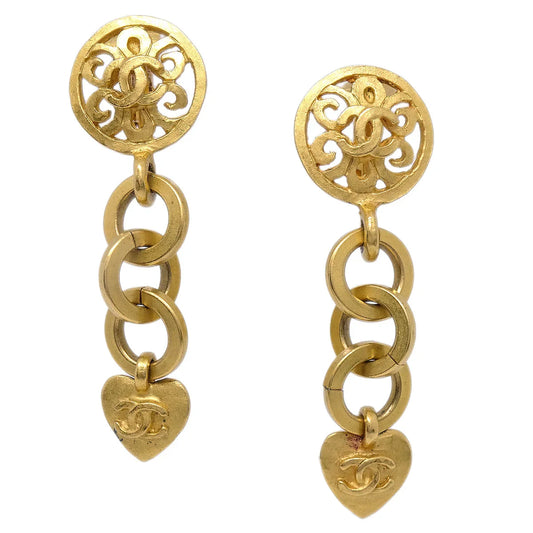 Chanel Heart Dangle Earrings Clip-On Gold 95P