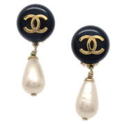 Chanel Artificial Pearl Dangle Earrings Clip-On Black 95P