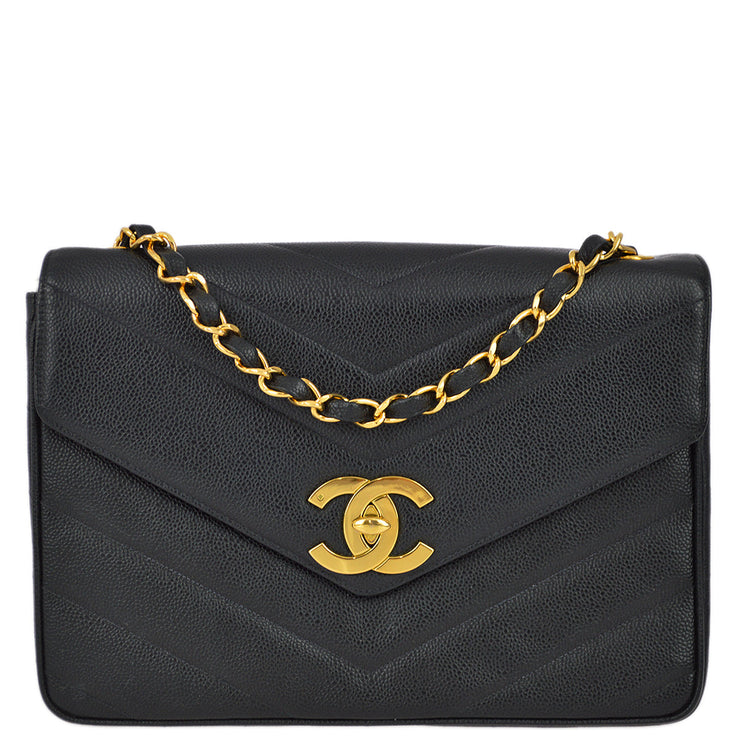 Chanel 1994-1996 Black Caviar Jumbo Chevron Letter Flap Bag