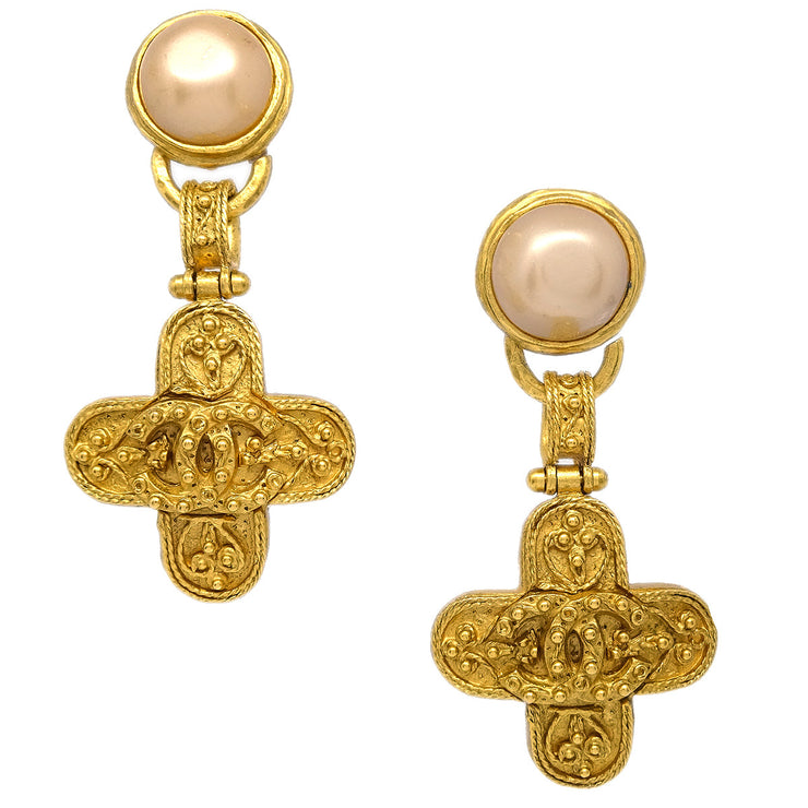 Chanel Artificial Pearl Dangle Earrings Clip-On Gold 94A