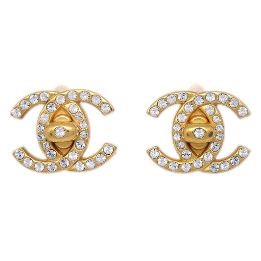Chanel CC Turnlock Rhinestone Earrings Clip-On Gold Small 96A