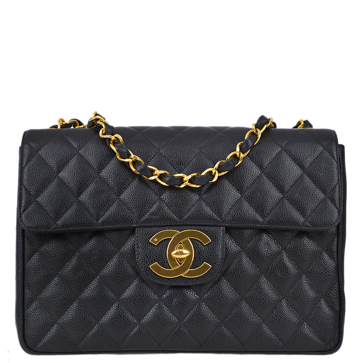 Chanel 1994-1996 Black Caviar Jumbo Classic Flap Shoulder Bag