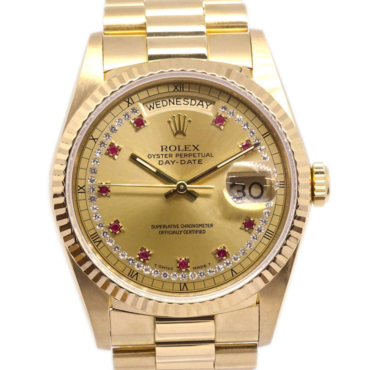 ロレックス 1989-1990 オイスターパーペチュアルデイデイト 腕時計 Ref.18238LR 34mm 18KYG ダイヤモンド ルビー