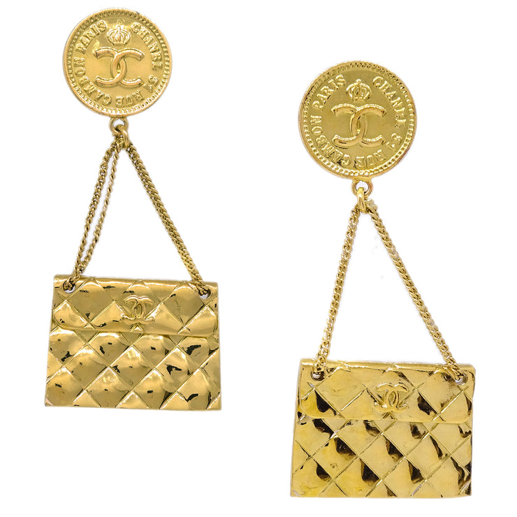 Chanel 1994 Bag Dangle Earrings Clip-On Gold