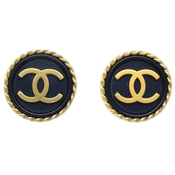 Chanel 1994 Gold & Black 'CC' Rope Edge Button Earrings