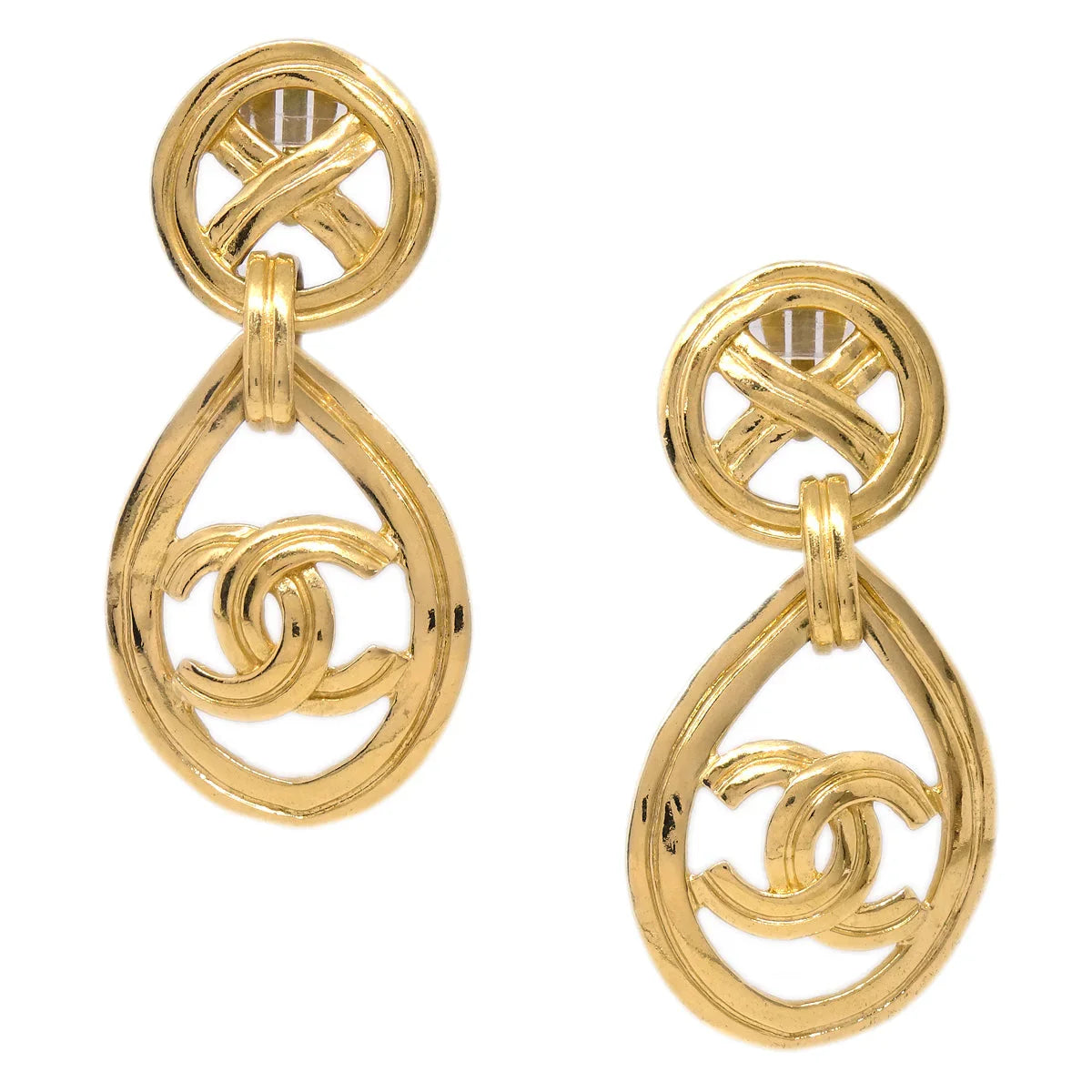 Chanel Dangle Hoop Earrings Clip-On Gold 96P