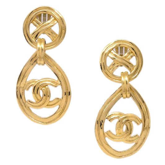Chanel Dangle Hoop Earrings Clip-On Gold 96P