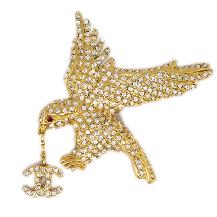 Chanel Eagle Rhinestone Brooch Pin Gold 01P