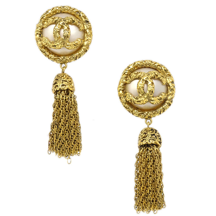 Chanel Artificial Pearl Fringe Dangle Earrings Clip-On Gold White 93P