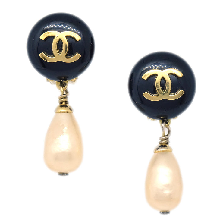 Chanel Artificial Pearl Dangle Earrings Clip-On Gold 94A