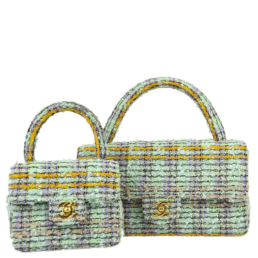 Chanel * 1991-1994 Light Blue Tweed Classic Flap Handbag Set