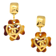 Chanel Clover Dangle Earrings Gold Clip-On 95P