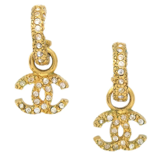 Chanel Dangle Pierced Earrings Rhinestone Gold 01P