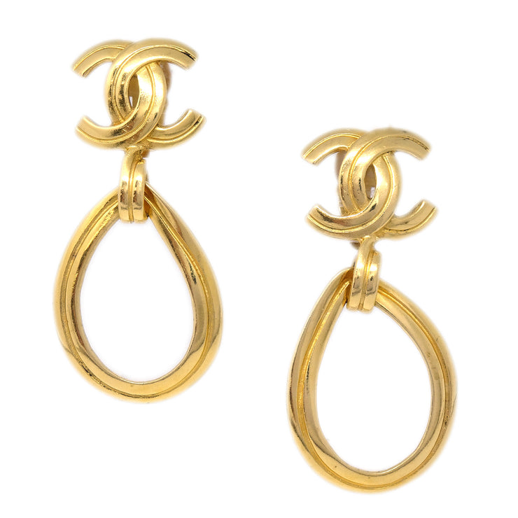 Chanel Dangle Hoop Earrings Gold Clip-On 96P