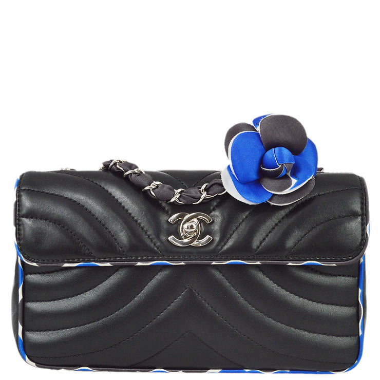 Chanel Black Lambskin Camellia Straight Flap Shoulder Bag