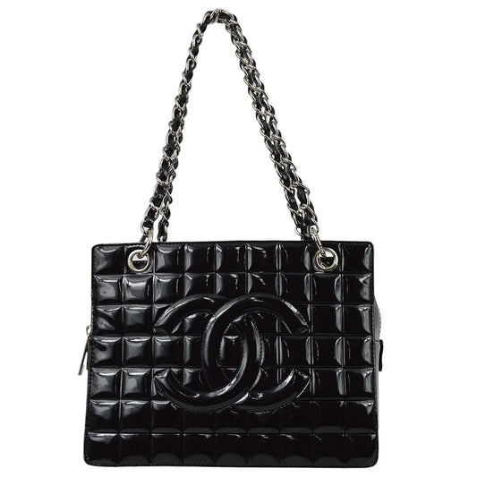 Chanel * 2001-2003 Black Patent Choco Bar Chain Tote Handbag
