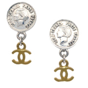 Chanel Medallion Dangle Earrings Gold Silver Clip-On 97P