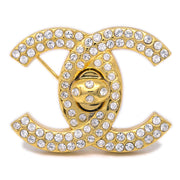Chanel 1997 Crystal & Gold CC Turnlock Brooch Large