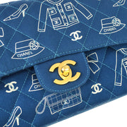 Chanel Blue Canvas Icon Medium Classic Double Flap Shoulder Bag