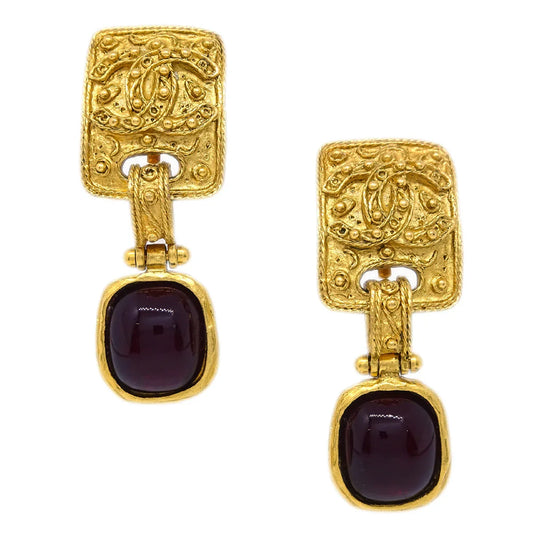 Chanel Filigree Gripoix Dangle Earrings Clip-On Gold 94A