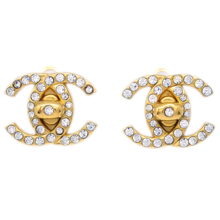 Chanel Gold CC Turnlock Earrings Rhinestone Clip-On Small 96A