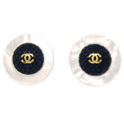 Chanel White Black Button Shell Earrings Clip-On 95P