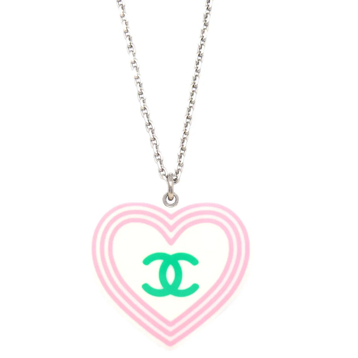 Chanel Heart Chain Necklace Pendant Silver 04C