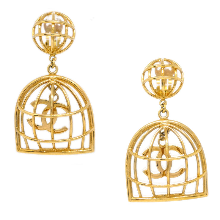 Chanel Gold Birdcage Dangle Earrings Clip-On 93A