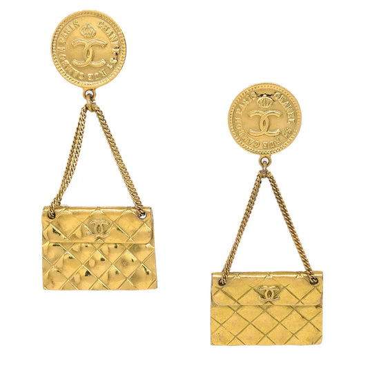 Chanel Gold Bag Dangle Earrings Clip-On 94P