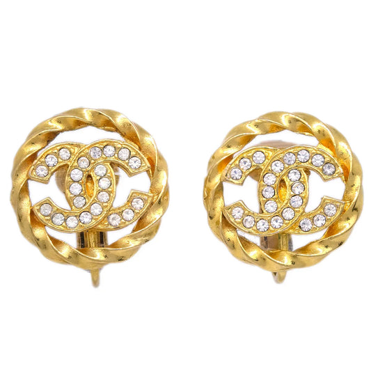 Chanel Gold Button Earrings Clip-On Rhinestone 2137