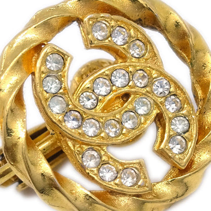 Chanel Gold Button Earrings Clip-On Rhinestone 2137