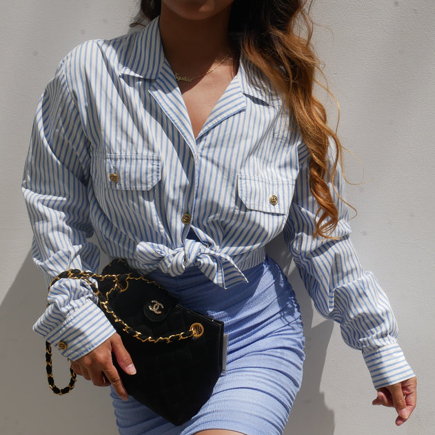 CHANEL Blue White Cotton Striped Open Collar Shirt – AMORE Vintage