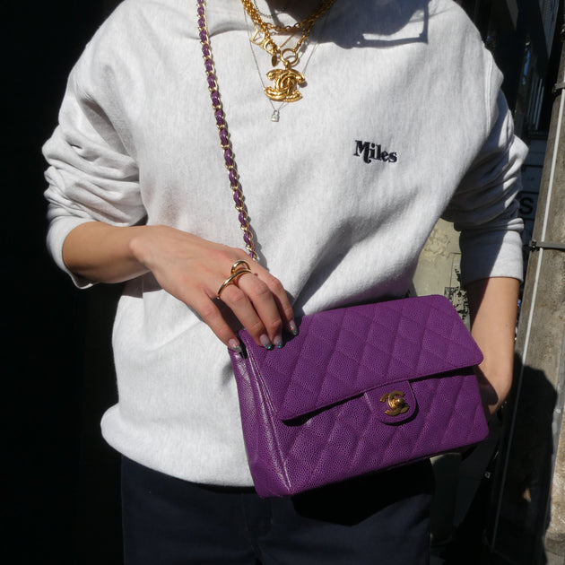 Chanel Classic Single Flap Bag Quilted Iridescent Lambskin Mini Purple