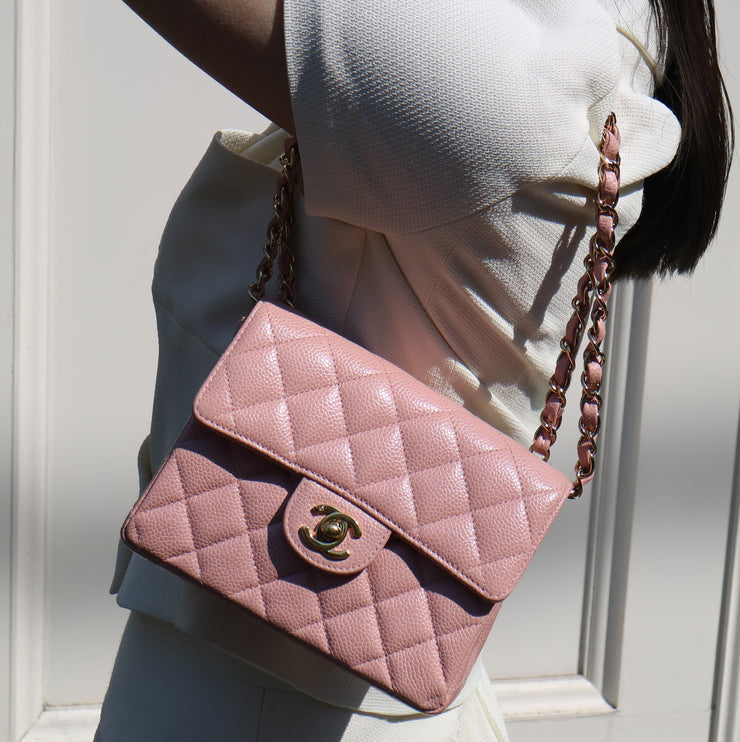 Chanel Pink Caviar Skin Mini Classic Square Flap Bag 17 73586