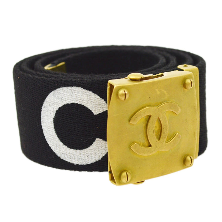 Chanel - Vintage 1980's Black Leather and Gold Buckle CC Link Belt - 75 / 30
