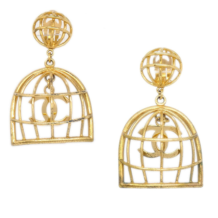 Chanel Cc Logos Birdcage Dangle Earrings Clip On Gold Plate 93p