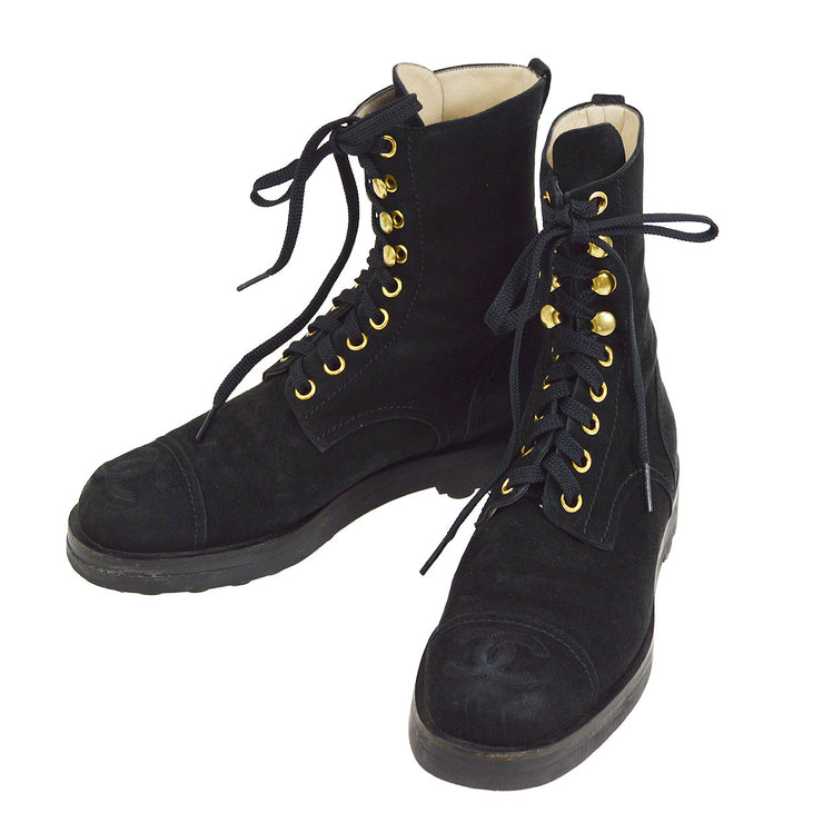 CHANEL Calfskin Lace Up Combat Boots 36 Black 1135704