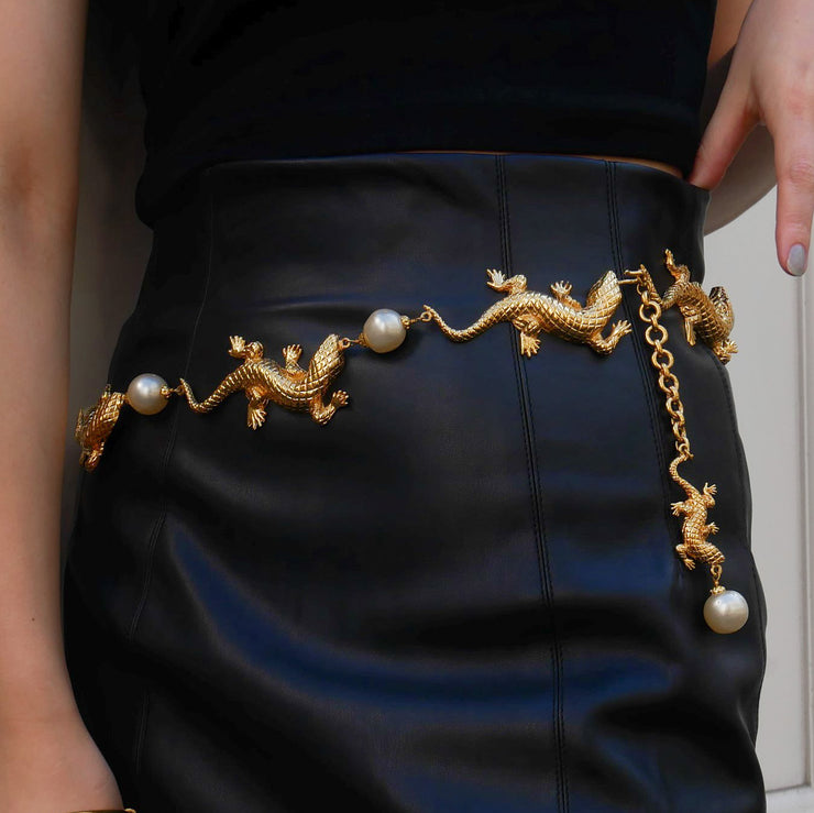 Chanel 1991连锁皮带蜥蜴魅力人造珍珠黄金